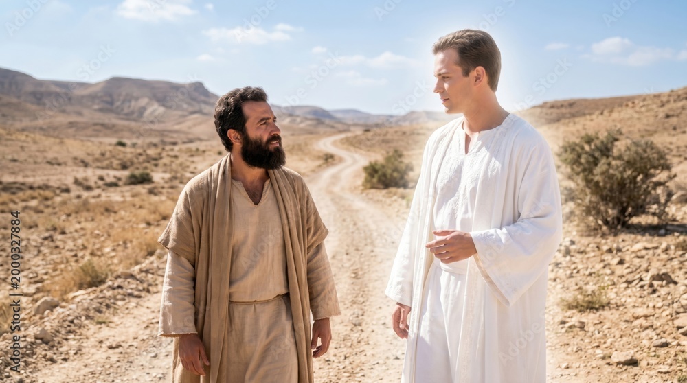Naklejka premium Man in robe walking and talking with divine man in white garment on desert road. Biblical scene of Philip the Evangelist speaking to angel on road from Jerusalem. Faith and religion.