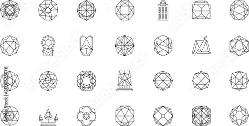 Collection of geometric abstract shapes and in black outline black and white