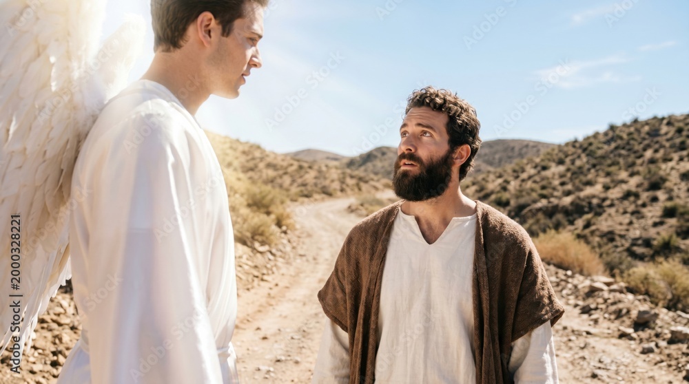 Fototapeta premium Angel appearing to Philip the Evangelist on the road to Gaza. Biblical scene from Acts of the Apostles showing divine encounter. Spiritual guidance and religious history concept.