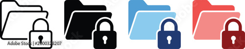 Data encryption folder lock vector icon set with secure file symbols in black, blue and red flat style, editable cybersecurity and privacy icons for cloud storage apps and IT security design