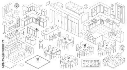 Set of isometric kitchen and living room furniture elements