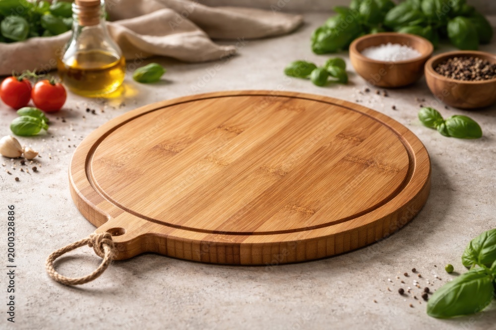 Obraz premium Eco friendly bamboo round pizza board against a neutral background food project mockup