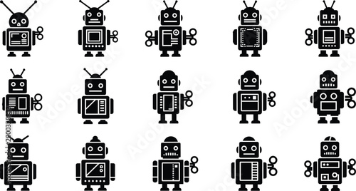 Vintage Retro Robot Toy Icon Set Featuring Wind Up Mechanical Androids with Antennas and Gears for Science Fiction Nostalgia Childhood Play and Technology