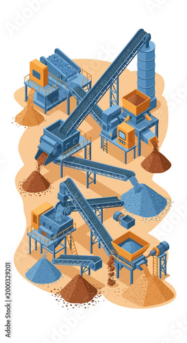 High-quality isometric mining industry illustration featuring coal mining operations with heavy equipment such as excavators, dump trucks, and drilling machines. Clean vector design with solid colors,