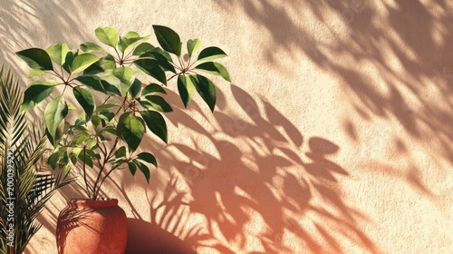 Potted Tropical Plant with Leaf Shadows on Warm Textured Wall