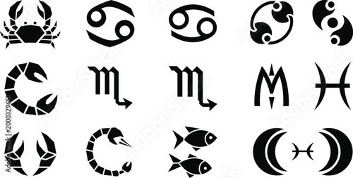 Zodiac Water Signs Silhouette Vector Set, Cancer Scorpio and Pisces Icons, Astrological Symbols for Horoscope Design, Mystic Celestial Graphics, Esoteric Constellation Illustration