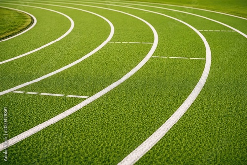 Close up perspective of a sports track with bright green surface and flowing curved lanes for athletes