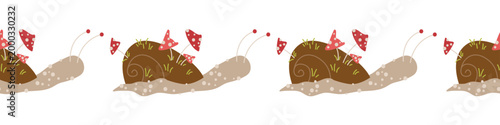 Seamless horizontal border with cute snail and red fly agaric mushrooms