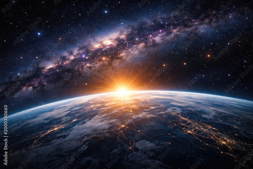 Expansive space scene featuring Earth sunrise and distant galaxy stars