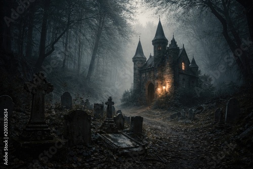 a creepy little castle close to historic burial grounds in a foggy eerie forest with copy space