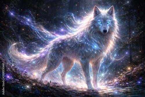 Artistic rendering of a magical wolf with ethereal effects