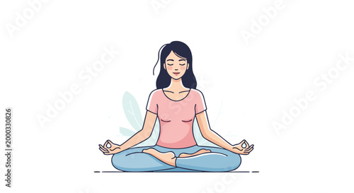 A woman practices yoga in a serene environment with calm emotions and peaceful people.