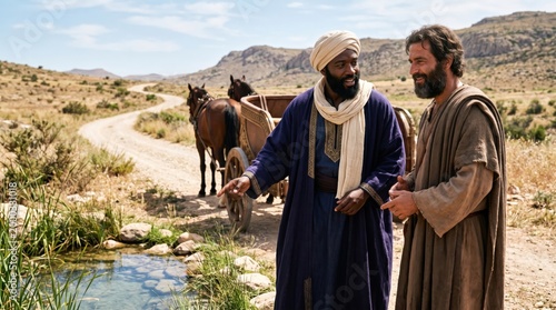 Biblical scene where Philip the apostle teaches and baptizes the Ethiopian eunuch traveling on a carriage. Historical encounter in the desert. Religious Christian scripture illustration.