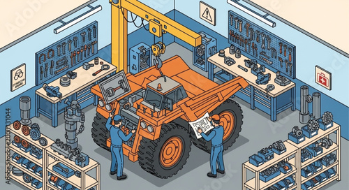 Mechanics Working on Large Orange Mining Truck in Workshop.