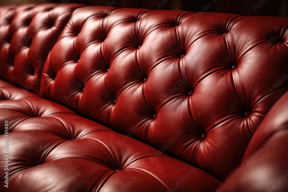 Fototapeta premium Elegant close up shot of a red leather couch with detailed diamond quilting and smooth finish