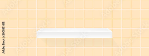 Realistic bathroom background with white shelf on square mosaic tiles in beige color