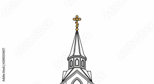 Ornate steeple with a golden cross on white background