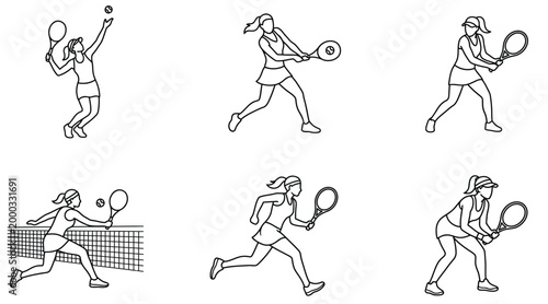 Tennis players in action a collection of line art illustrations
