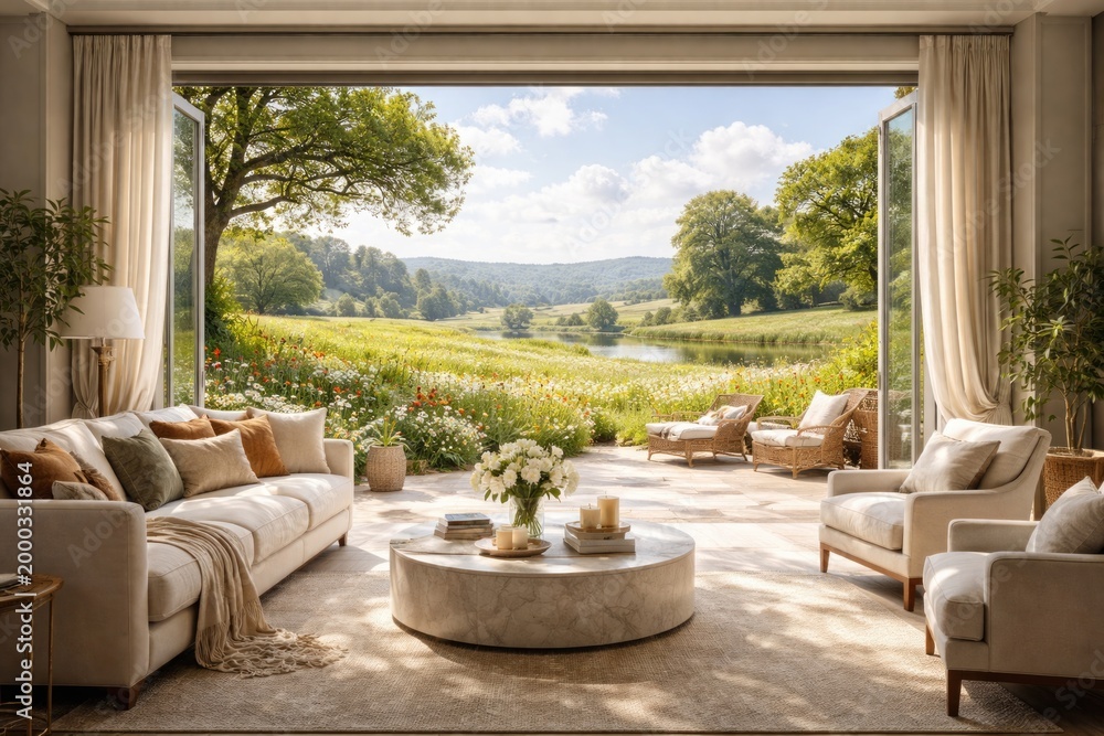 Fototapeta premium elegant living space opening onto a vibrant summer meadow