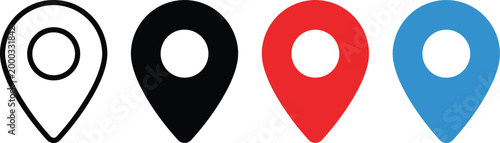 Location pin vector icon set with black, red and blue flat map marker symbols, editable GPS navigation icons collection for travel apps, delivery services, web maps and route design