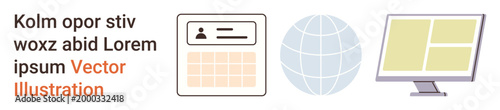Online identity, global connectivity, technology interfaces, data management, digital access, communication. ID card, globe and computer screen in minimal style. Online identity and global