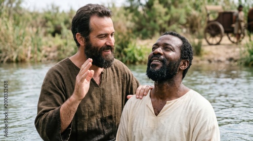 Philip the apostle baptizing the Ethiopian eunuch in a river. Biblical scene from Acts 8 depicting the conversion and baptism of the treasurer of the queen of Ethiopia. Religion.