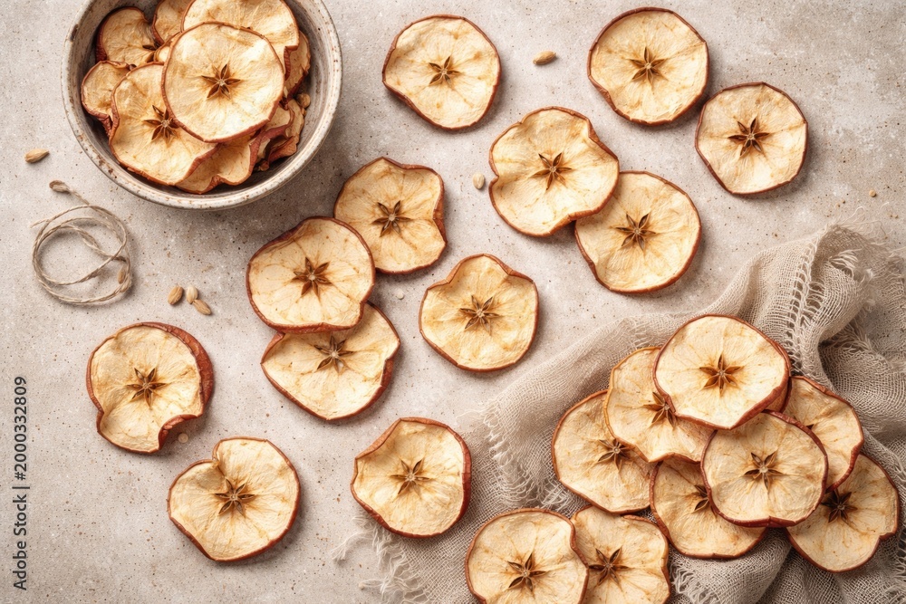 Fototapeta premium Neutral toned surface displaying handcrafted natural dried apple chips viewed from top