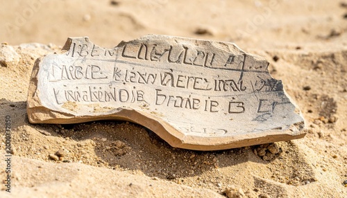 Close up of a broken pottery shard revealing partial Linear B script etched into its surface, an ancient artifact.