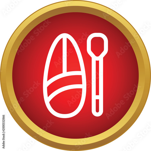 White outline of a surfboard and paddle on a red background with a gold border