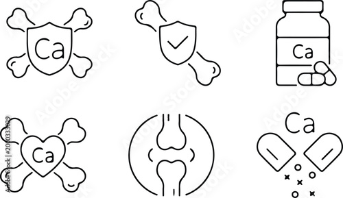 medical calcium bone health related outline icon set vector illustration