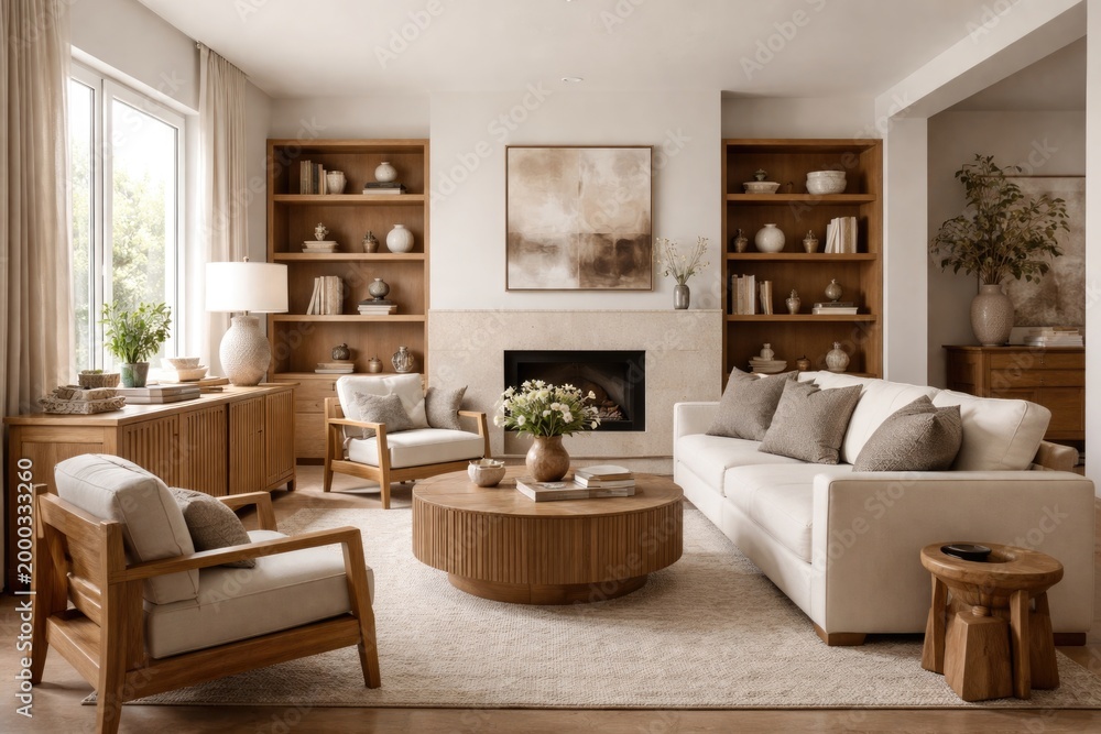 Fototapeta premium Elegant living room design showcasing wooden furniture and neutral tones