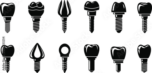 Professional dental implant silhouettes set featuring screw teeth, prosthetic crowns, oral surgery fixtures, prosthetic dentistry components, and stomatology healthcare medical equipment icons.