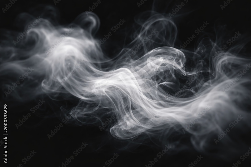 Fototapeta premium Blurred white smoke wave swirling naturally on black background for pollution and gas concept illustration