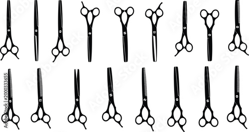 Professional hair cutting scissors silhouettes set featuring thinning shears, barber shop salon tools, hairstylist equipment icons, sharp stainless steel blades for hairdressing.