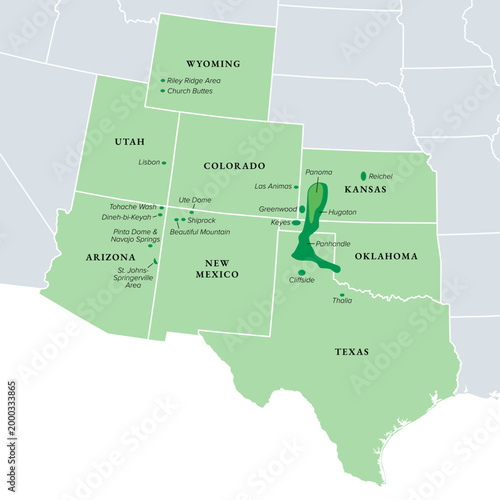 Helium production in the United States, political map. Helium-rich natural gas fields of USA, largest helium producer in the world, providing 40 percent of world supply. Isolated illustration. Vector