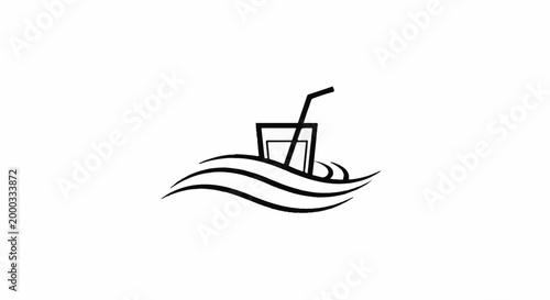 A stylized icon of a drink with a straw floating on waves