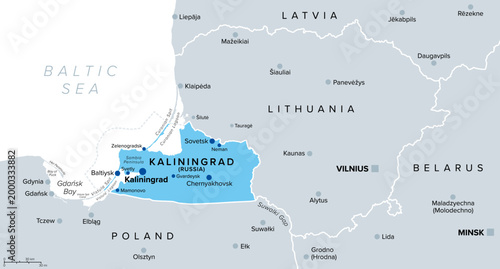 Kaliningrad and vicinity, blue and gray political map. Kaliningrad Oblast, exclave and westernmost federal subject of Russia on Baltic Sea, between Lithuania and Poland, with the Suwalki Gap. Vector