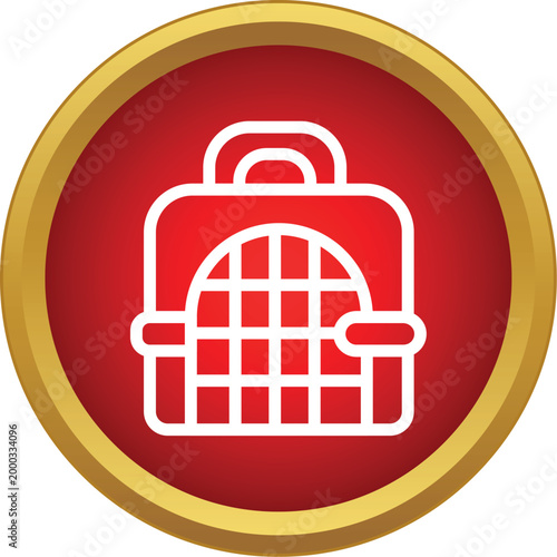 Pet carrier icon representing animal travel or transportation, set within a red and gold circle