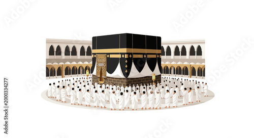 Aerial view of pilgrims circumambulating the Kaaba during Hajj, with worshippers dressed in white robes surrounding the sacred structure in a wide, circular formation against a plain white