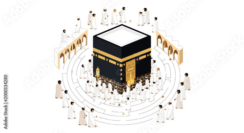 Isometric illustration of the Kaaba in Mecca, with pilgrims circumambulating it in white robes, set against a clean white background, conveying a sense of spirituality and devotion