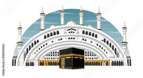 Illustration of the Masjid al-Haram during Hajj season, depicted with the Kaaba at its center and surrounded by arched architectural structures under a pale blue sky, rendered in a clean
