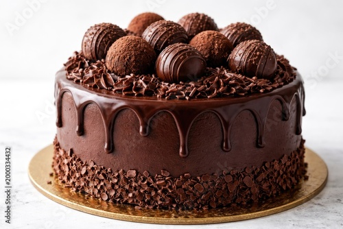 Close up of chocolate truffle cake against simple white backdrop with copy space