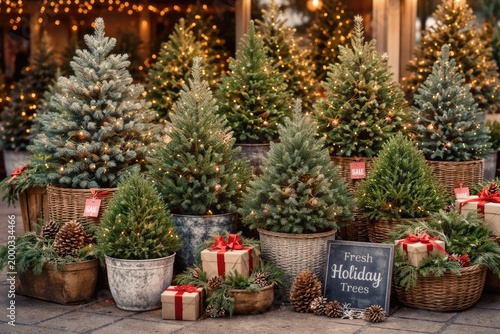 Holiday spirit with assorted evergreen conifers in stylish pots arranged for seasonal sales