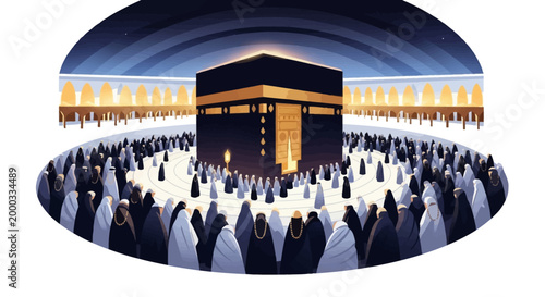 A low-angle illustration shows pilgrims encircling the Kaaba during the Hajj pilgrimage against a white background, featuring a circular composition with a sense of reverence and unity