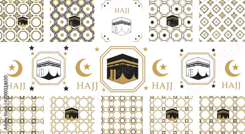 An array of seamless patterns depicting the Kaaba and crescent moons set against a clean white background, rendered in a minimalist style with geometric shapes and a warm, golden color