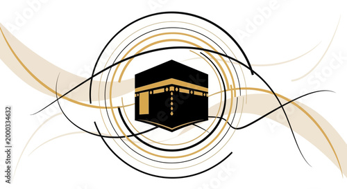Illustrated vector image of the Kaaba, a central structure in Mecca for the Hajj pilgrimage, depicted with curved lines and circles on a white background, creating a modern and symbolic