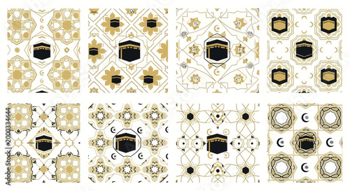 Set of eight seamless patterns features the Kaaba, the sacred cube in Mecca, central to the Islamic hajj pilgrimage, with geometric and floral designs in gold, black, and white