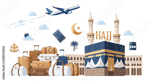 Illustrated Hajj pilgrimage design showcasing the Kaaba and luggage with a plane flying above set against a white background, conveying a sense of travel and devotion with its muted color