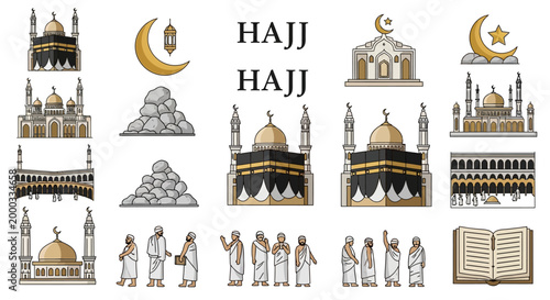 Isolated vector illustration showcases various elements associated with the Hajj pilgrimage, including the Kaaba, mosques, and pilgrims in traditional attire, set against a clean white