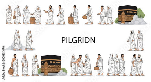 Illustration depicting the Islamic pilgrimage of hajj, showcasing pilgrims in traditional white garments performing rituals and walking around the Kaaba, set against a clean white backdrop